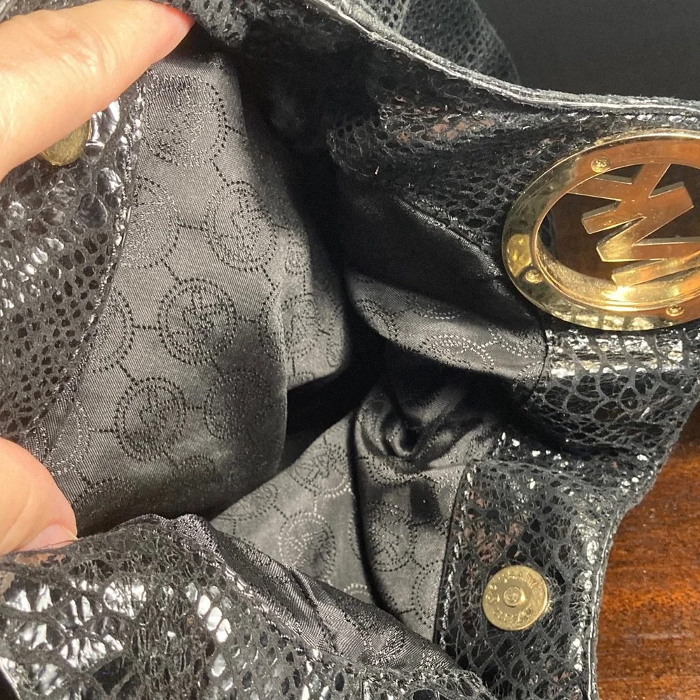 Michael Kors Black Fulton Snake-Embossed Hobo Bag with Gold Hardware